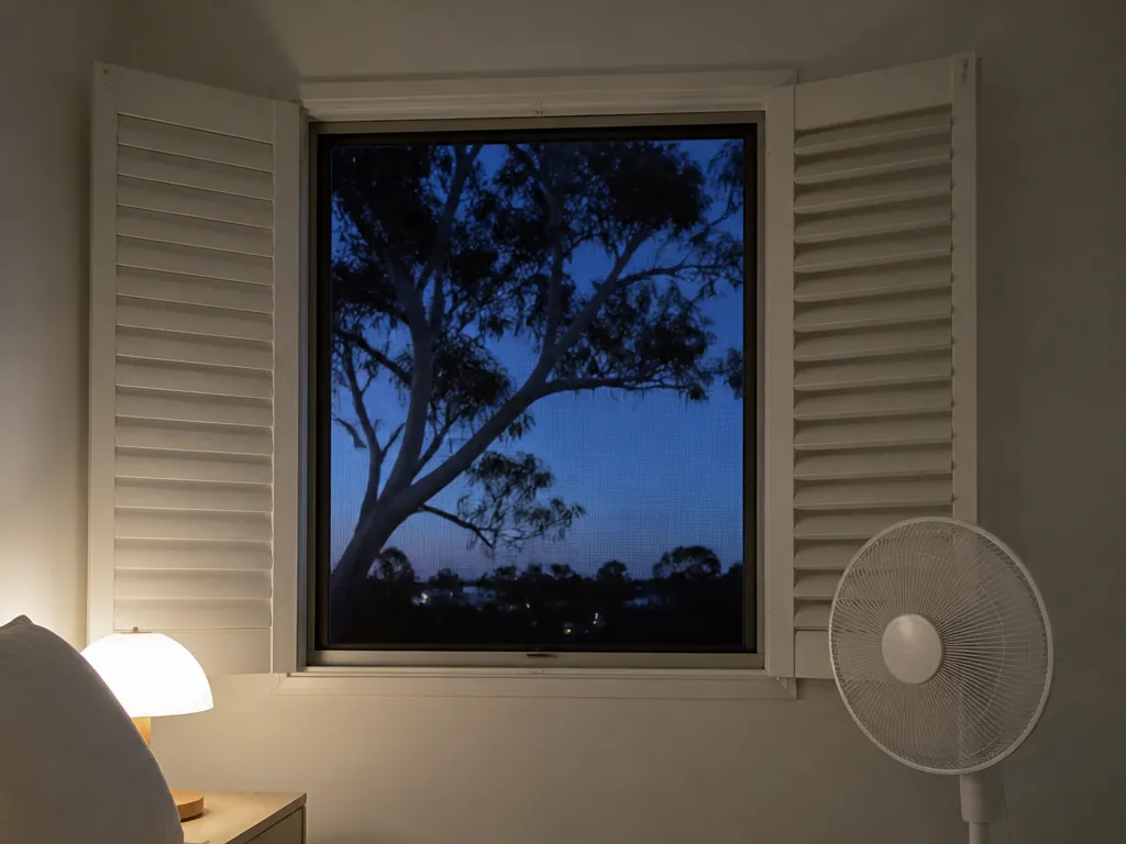 A bedroom at dusk with white louvred shutters folded back from a screened window, a gum tree silhouetted against a blue evening sky, a pedestal fan on one side and a lamp lit on the bedside table on the other.