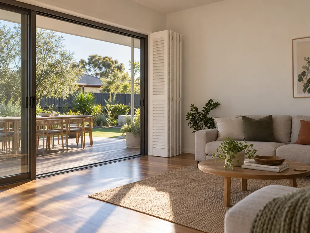 White louvred shutter panels folded into a stack beside a sliding glass door onto a timber deck