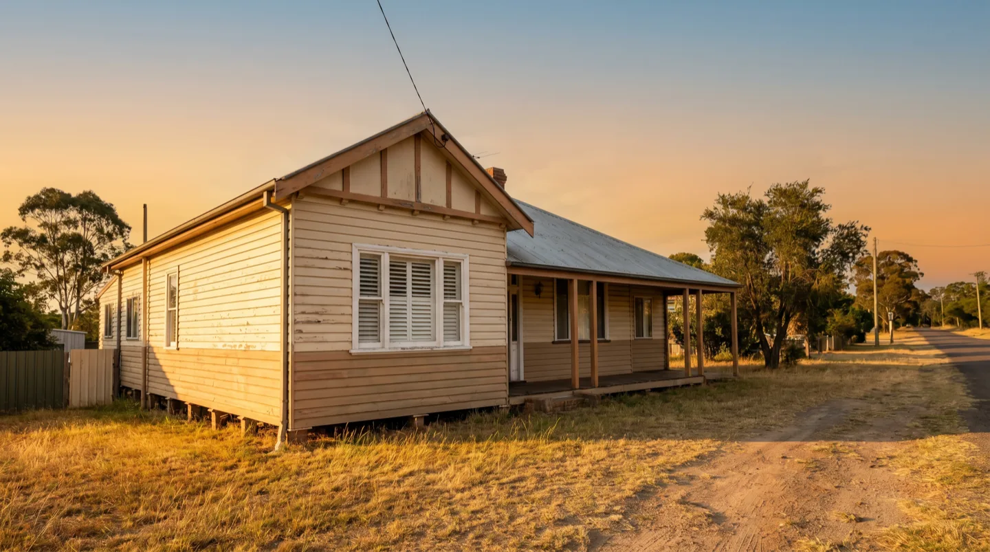Weatherboard miners cottage on a Cessnock street in golden afternoon light