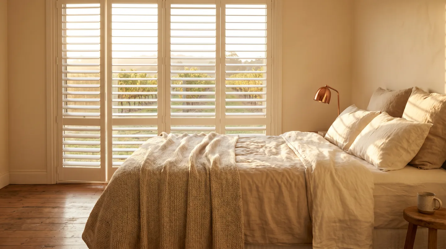 Vineyard rows at golden hour seen through open plantation shutters in a guest cottage