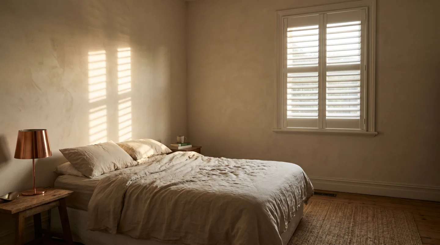 Late western sun striping through white plantation shutters onto the wall of a cottage bedroom