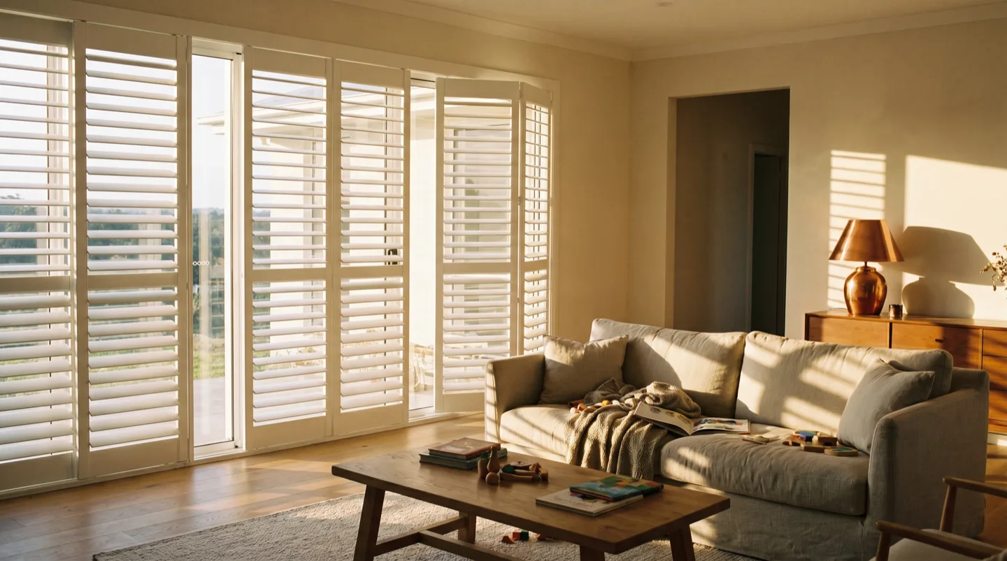 Wide-blade hidden-tilt plantation shutters across full-height glass in a new estate living room