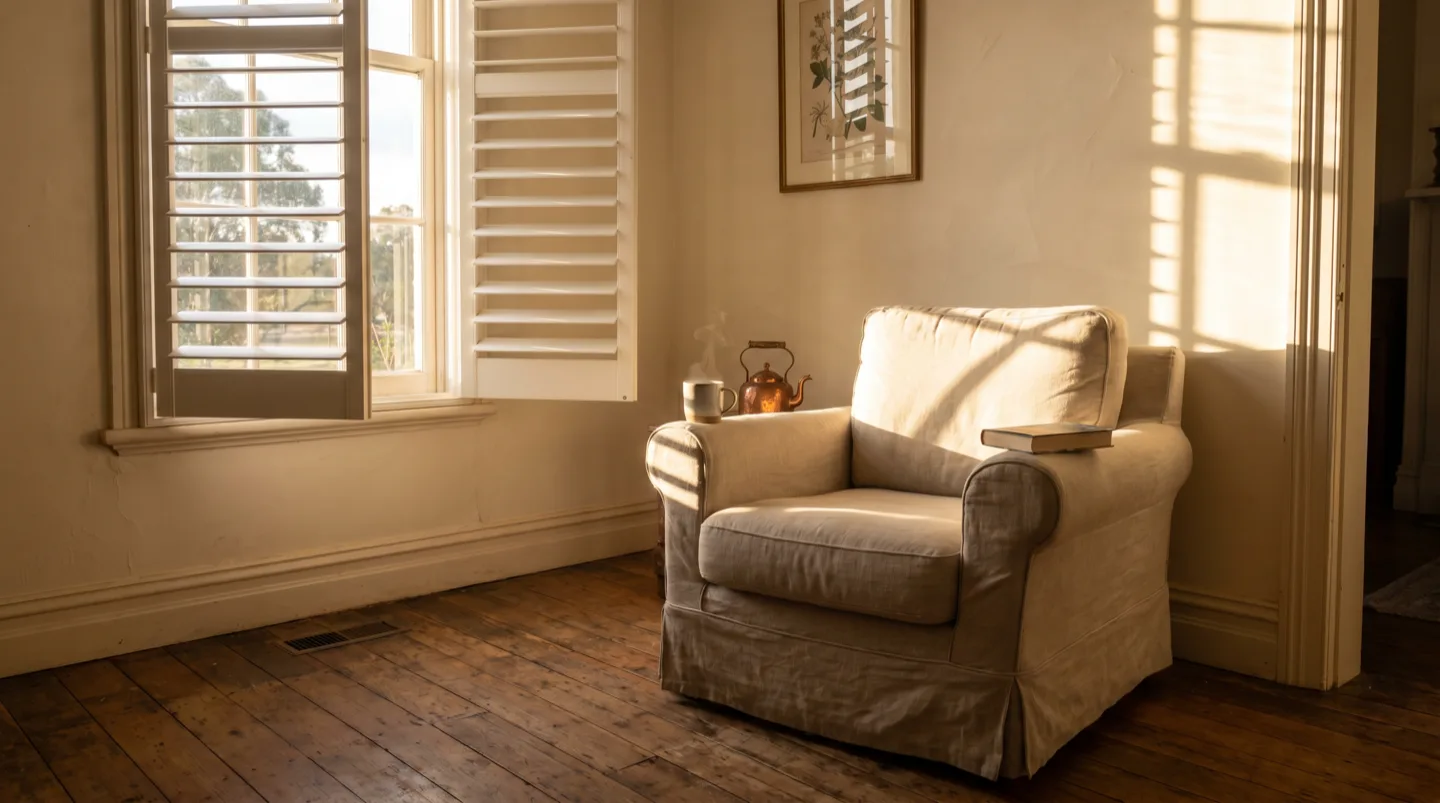 Winter sun reaching deep into a country-town living room through plantation shutters