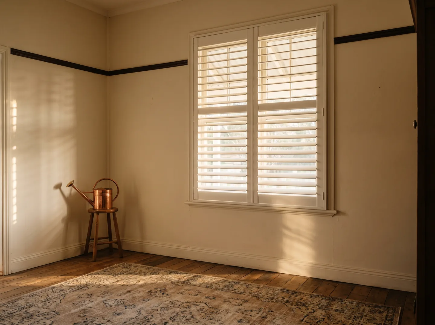 Front-tilt timber plantation shutters fitted to a sash window in a weatherboard cottage