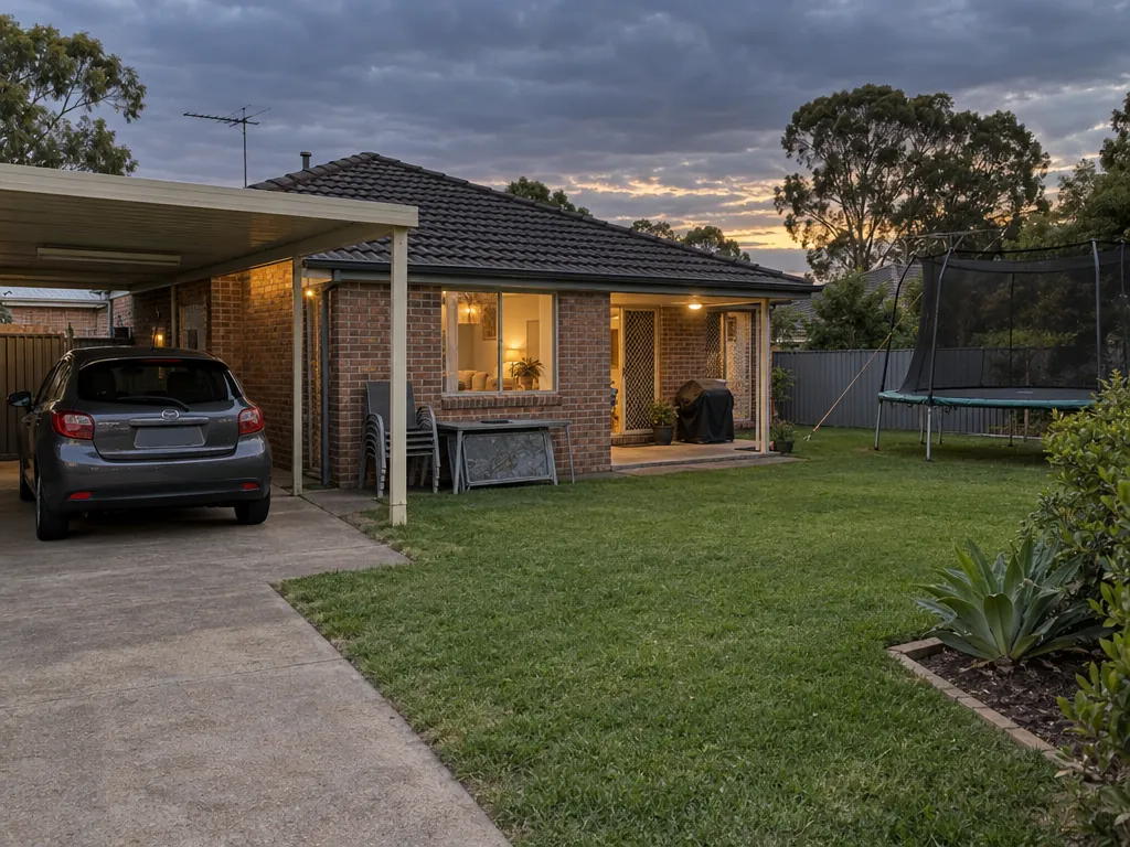 Brick house under a cloudy evening sky, with a grey hatchback under the carport, outdoor chairs stacked against the wall beside a table, a covered barbecue and a netted trampoline on the lawn