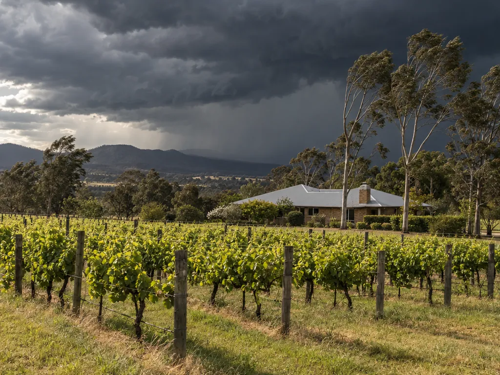 Dark storm clouds over a vineyard, gum trees leaning in the wind beside a brick house with a grey roof