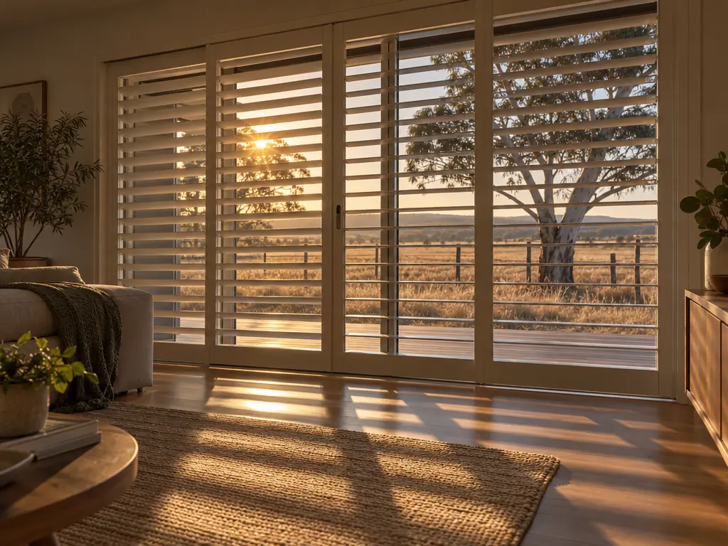 A west-facing glass sliding door in an Australian home in late afternoon. Low sun outside over a dry paddock fence line and a eucalypt. Interior louvred shutter panels across the glass with blades angled to cut the glare, soft striped light on a timber floor and a rug.