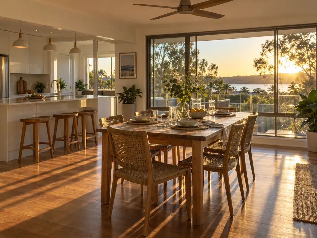 A generic open-plan Australian kitchen and dining area in late-afternoon summer light. Low golden sun streams flat through a large west-facing aluminium-framed window across a timber dining table set for dinner.