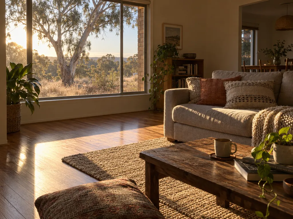 Late-afternoon sun pouring through a bare west-facing window into a brick-veneer living room, throwing a hard beam across the timber floor and a fabric couch, with a eucalypt and dry grass outside.