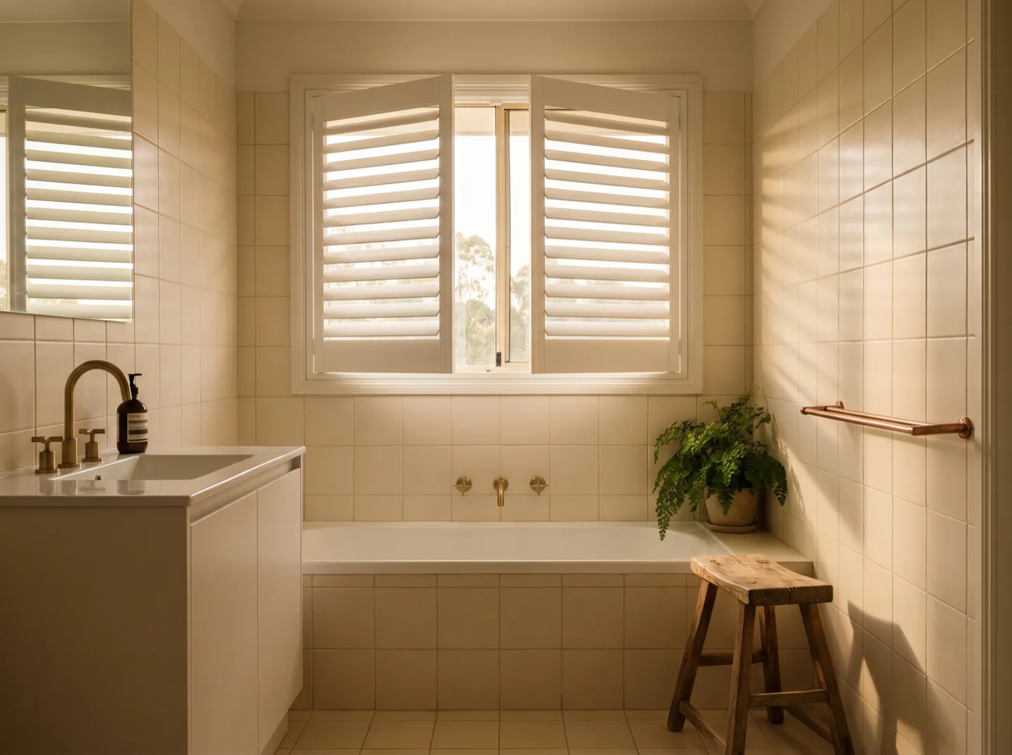 White waterproof PVC plantation shutters above a bath in a renovated warm-toned bathroom